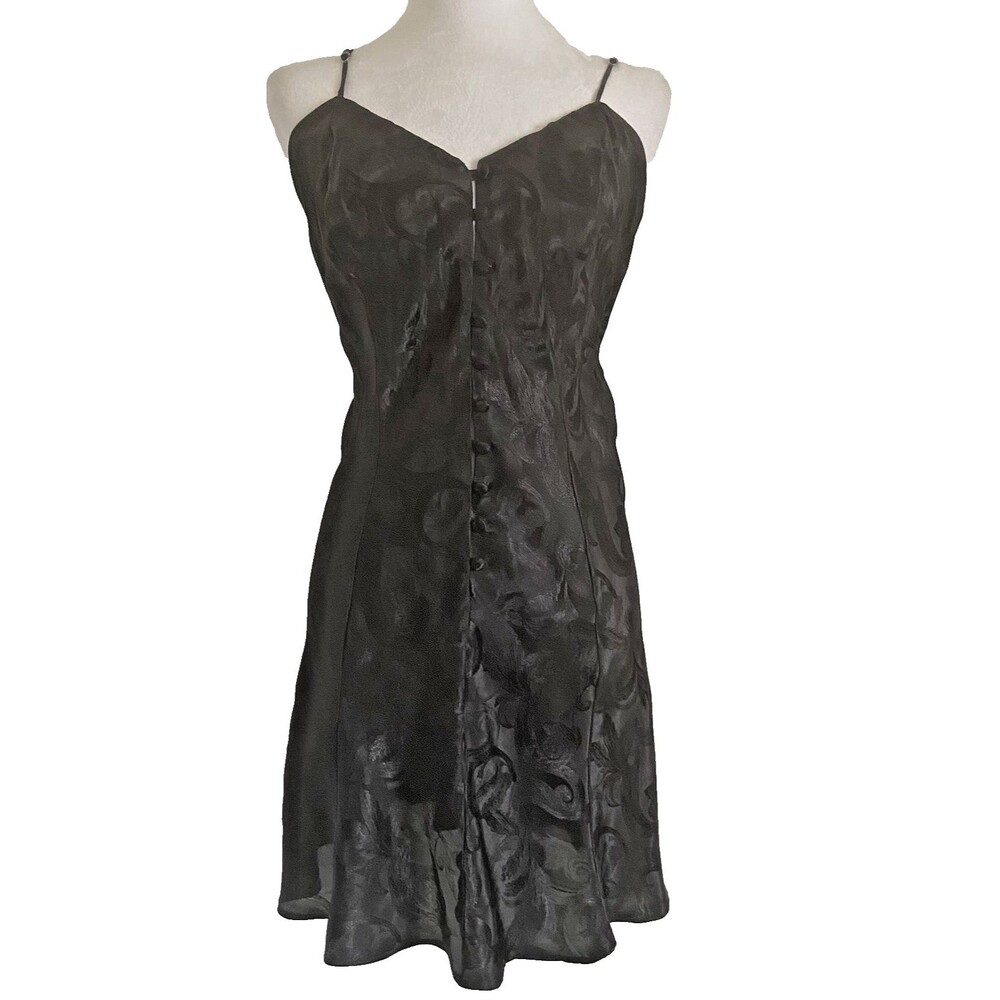 Vintage Y2K Black Satin Slip Dress Lingerie Fairy Whimsygoth Floral Large Adonna